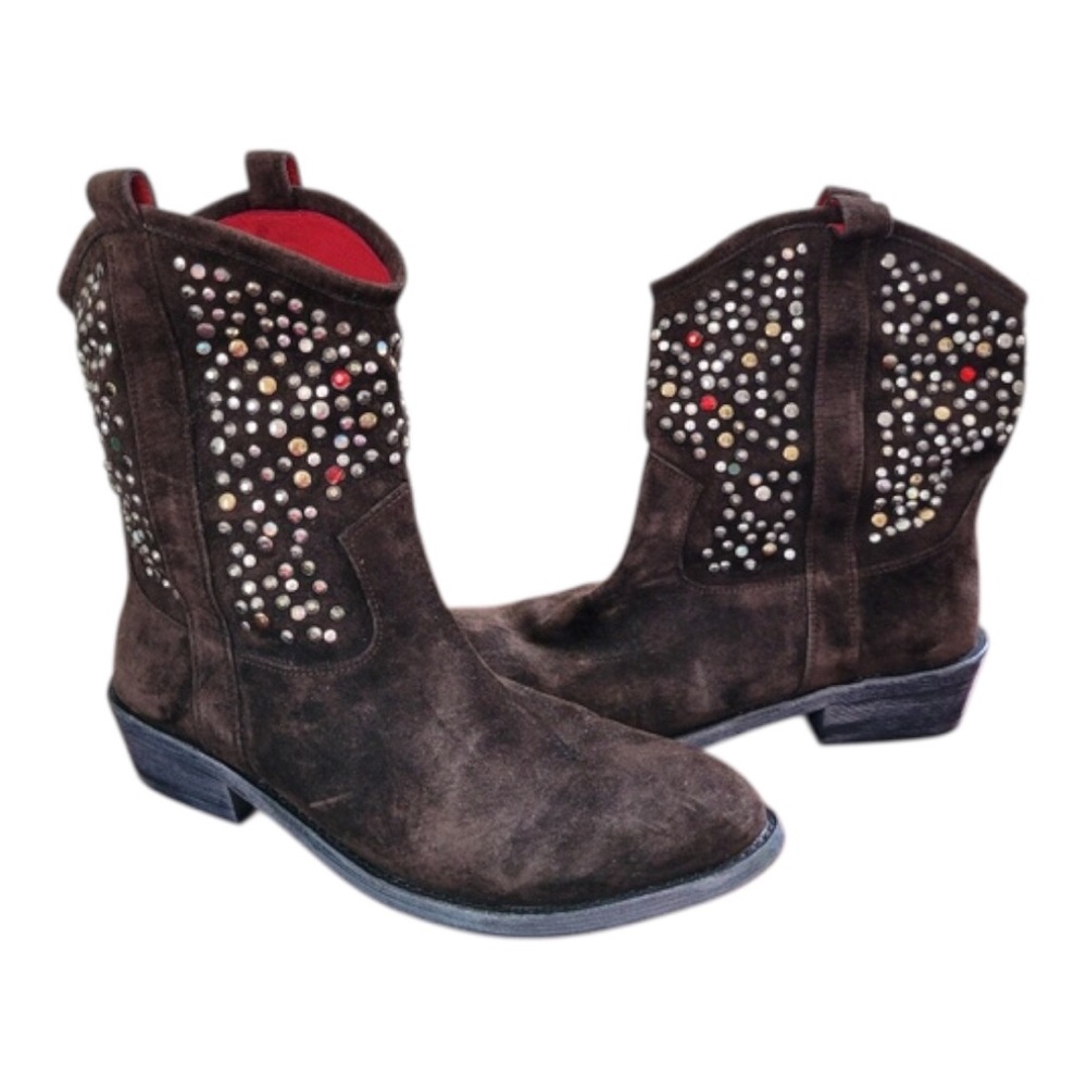 Beverly Feldman 1947 All Leather Cow Boy Rhinestone brown suede Boots